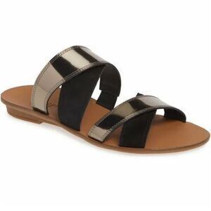 NEW Paul Green Venice Flat Strappy Slide Sandals Black Suede Patent Leather 9,5